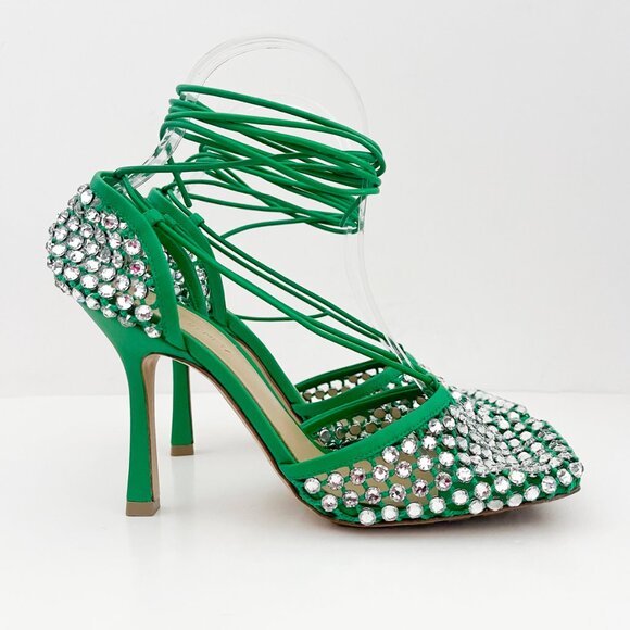 Bottega Veneta Sparkle Stretch Lace-Up Sandal Mesh Crystals Parakeet Green - Picture 3 of 16
